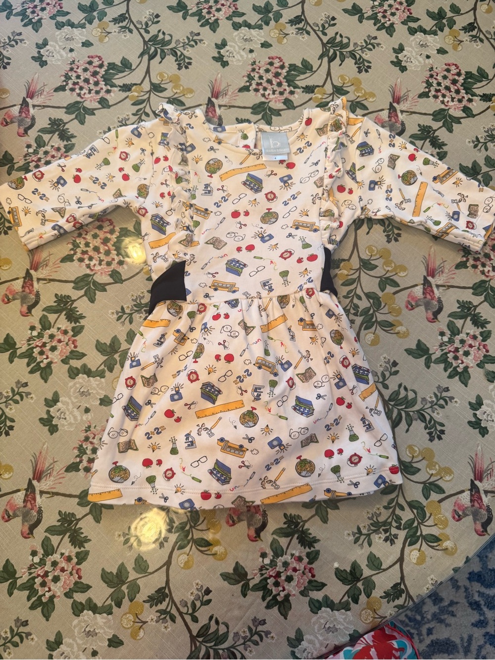 bella bliss Cream School-Print Long Sleeve Dress with Colorful Motifs